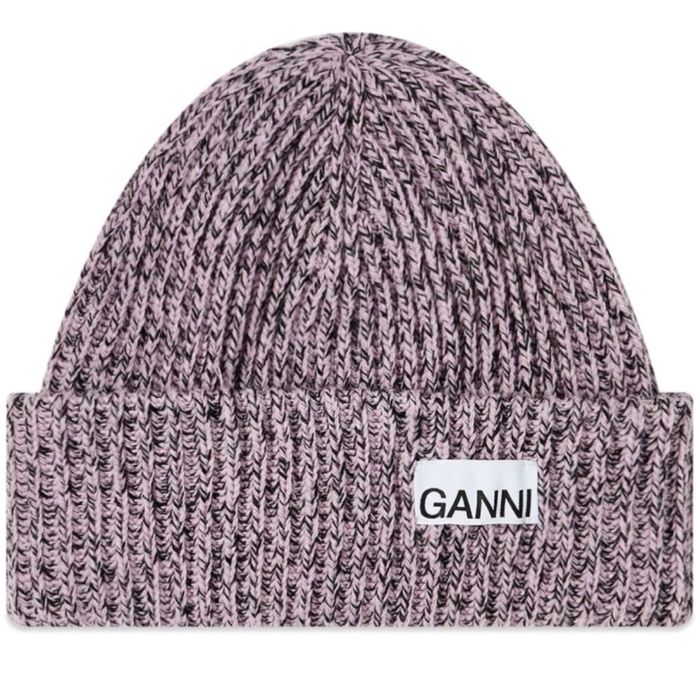 NWT GANNI Women's Structured Rib Logo Beanie in Lilac Sachet
